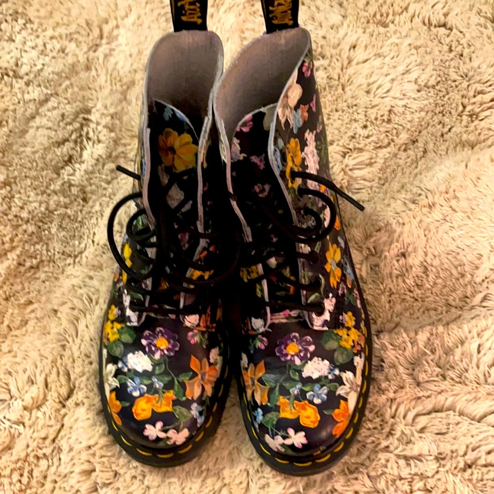 Dr. Martins leather lace up floral booties
